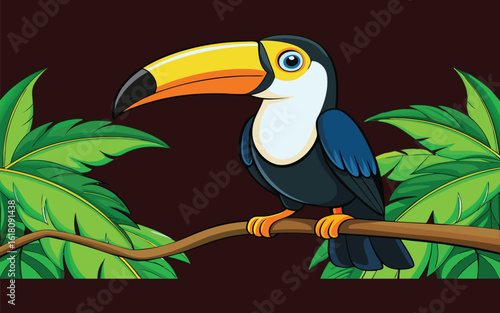 Exotic toucan bird with striking yellow beak perched gracefully on lush green branch.