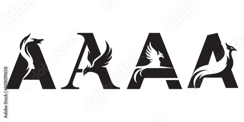 Four Black and White Phoenix Bird Logos Incorporated into Letter A Design, Stylized Bird and Initial Logos for Branding and Corporate Identity