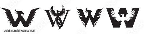 Elegant Phoenix Bird Letter W Logos: Symbolizing Rebirth, Transformation, and Power, Sophisticated Winged Phoenix Icon Designs Integrated into the Letter W