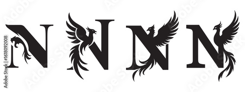 Phoenix Letter N Logos: Elegant Bird and Initial Combination, Creative Letter N Designs with Phoenix Symbolism and Artistic Flair