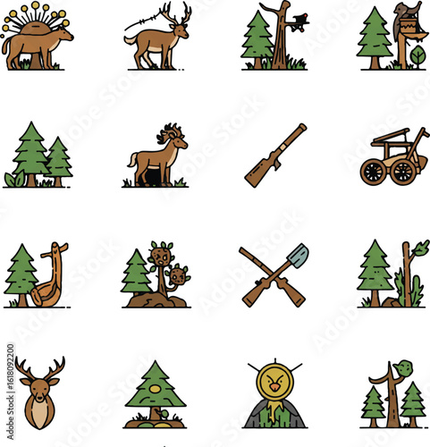 Wildlife symbols representing forest animals, hunting tools, and nature conservation activities in a simple linear design,