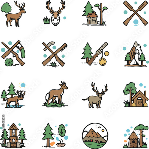 Wildlife symbols representing forest animals, hunting tools, and nature conservation activities in a simple linear design,