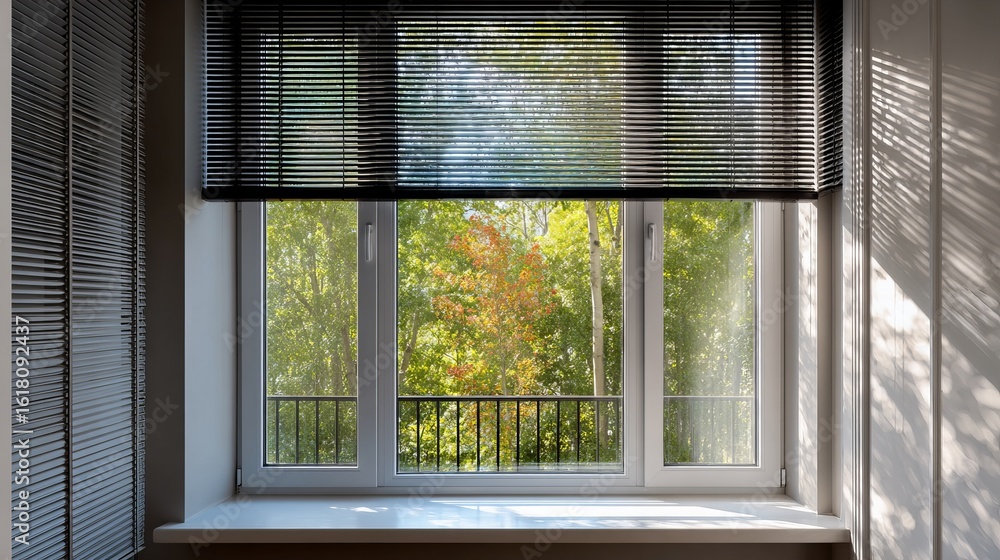 Obraz premium Bright and airy window scene with blinds partially drawn, showcasing vibrant autumn foliage outside.