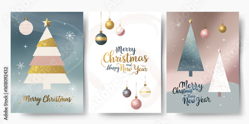 Christmas cards with fir trees, gifts, golden lettering. Pastel colors. Minimalistic xmas greeting cards set.