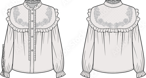 Cad drawing flat vector illustration, embroidered ruffle blouse, long sleeve top, Victorian inspired fashion, detailed garment sketch, women’s clothing design, elegant shirt template.