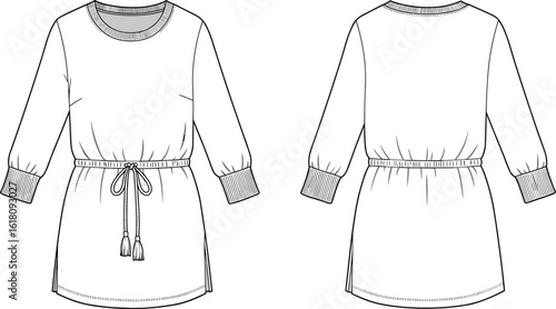Cad drawing flat vector illustration, belted tunic dress, ribbed cuff top, women’s fashion sketch, stylish casual dress template, long sleeve technical garment design.