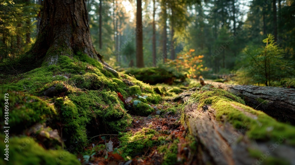 Fototapeta premium Enchanting Sunlight Filtering Through Mossy Forest Floor in Early Morning