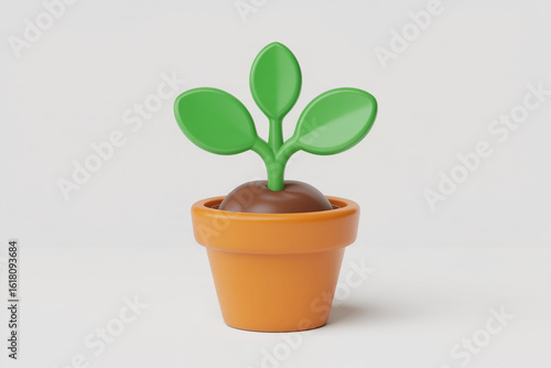 3D Plant Icon in Terracotta Pot with Green Leaves