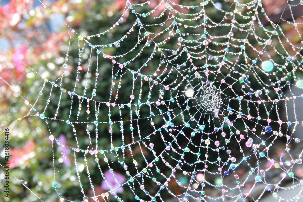 Naklejka premium Dew-kissed spiderweb, vibrant colors