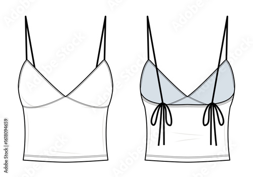 Side-Tie Cami Top Technical Fashion Illustration. Spaghetti Strap Crop Top Vector Template. Front and Back View. Fitted Silhouette. Adjustable Side Tie Detail. Women’s Summerwear. CAD Mockup Set.