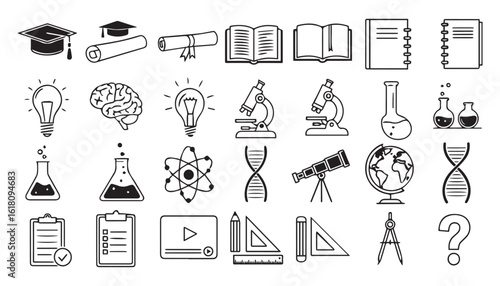 Education, Science, and Research Icons Collection with Graduation, Books, and Laboratory Symbols