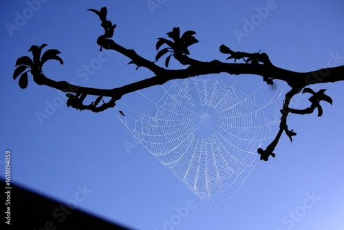 Silhouetted branch with spiderweb against a vibrant blue sky