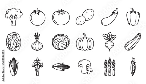Vegetable Icons Collection with Broccoli, Tomato, Potato, and Other Fresh Produce