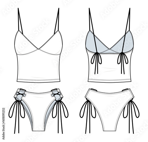 Side-Tie Bikini Set Technical Fashion Illustration. Spaghetti Strap Crop Top and High-Waist String Bikini Bottom Vector Templates. Front and Back View. Women’s Beachwear. CAD Mockup Set.