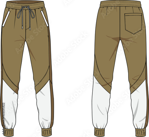 Men’s jogger pants technical flat sketch front and back view, drawstring waist activewear bottom, vector fashion cad drawing, color block design illustration