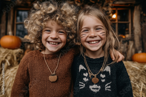 Deux jeunes enfants souriants déguisés pour Halloween, l’un en citrouille orange, l’autre en chat noir, debout côte à côte devant une porte décorée de citrouilles et de bottes de paille
