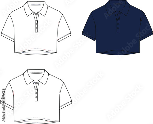 Cropped polo shirt technical flat sketch front and back view, short sleeve cad fashion design, modern women’s casual top vector apparel template illustration