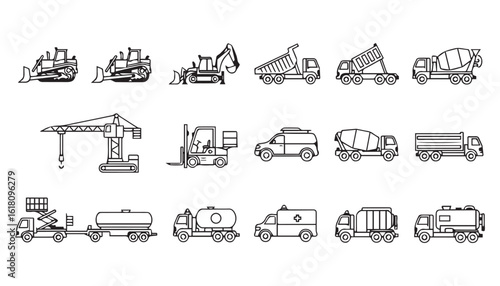Construction and Heavy Equipment Icons for Trucks, Cranes, and Machinery