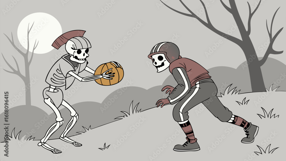 Obraz premium Two skeletons playing with a pumpkin in a spooky landscape under a full moon with bare trees