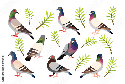 Pigeons and Branches: A vivid illustration of multiple pigeons among delicate branches, showcasing a sense of natural beauty.