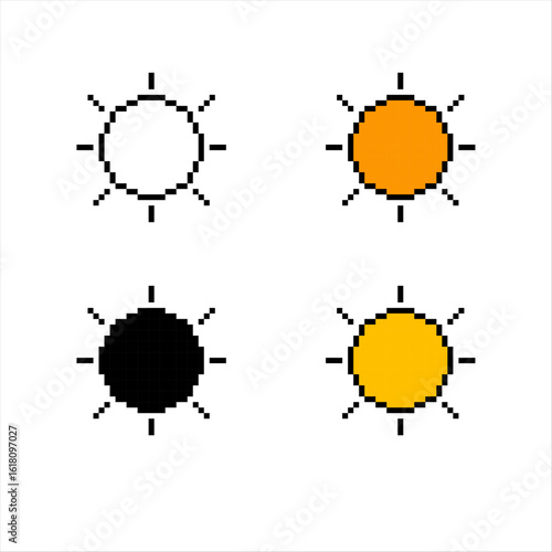 Pixelated sun icon set with four color variations, Sun pixel art icon, Pixelated sun icon for retro games, 8-bit, vector 8 bit, pixel art.
