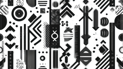 Black and white geometric shapes are arranged in a playful, abstract pattern design