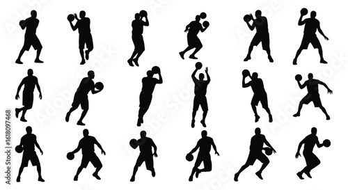 Basketball Player Silhouettes in Action, Shooting, Dribbling, and Running