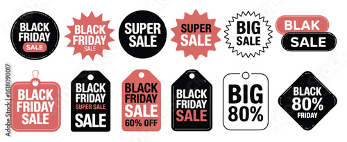 A collection of 18 Black Friday sale stickers and badges arranged in two rows on a white background.