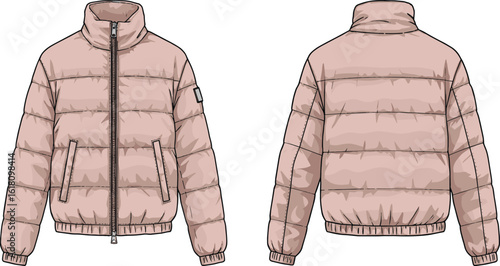Puffer jacket flat sketch, winter quilted coat design, zip-up front and back view, CAD fashion drawing, padded outerwear vector template illustration