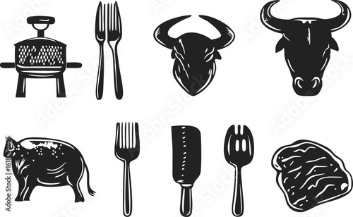 Black and White Vector Illustration of Barbecue and Steak Related Objects