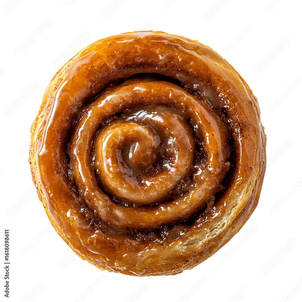 Fototapeta premium Top View of a Glazed Cinnamon Roll with Swirled Layers
