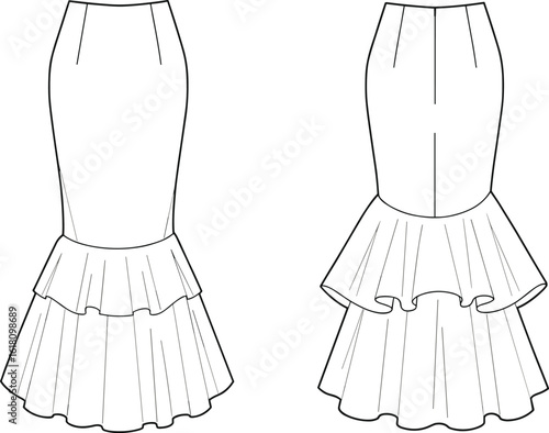 Mermaid ruffle skirt sketch, high waist layered flounce design, front and back fashion flat, CAD vector garment drawing, stylish clothing template illustration