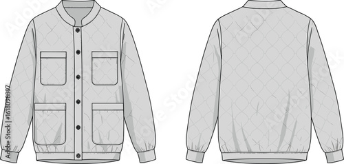 Cad Drawing Flat Vector Illustration of Quilted Button-Down Jacket, Casual Outerwear Design with Patch Pockets, Stylish Lightweight Coat for Everyday Wear, Fashionable Graphic Apparel