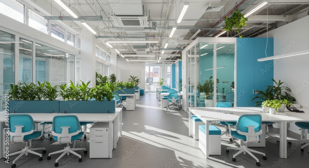 Bright and Modern Open Plan Office Space With Turquoise Accents and Abundant Natural Light Bright and Modern Open Plan Office Space With Turquoise Accents and Abundant Natural Light