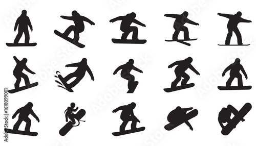Snowboarding and Skiing Silhouettes in Action with Various Poses