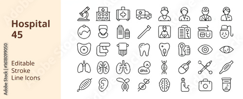 A collection of 45 medical and healthcare line icons arranged in a grid format. 