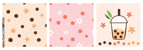 Seamless pattern of bubble milk tea texture with tapioca balls and cute flower on orange and pink backgrounds. Bubble milk tea cup, flower, green leaves icon signs vector.