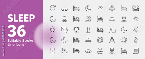 A collection of 36 minimalist line art icons related to sleep and bedtime, arranged in a grid format. 