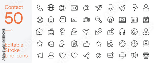 A collection of 50 minimalist line art contact and communication icons arranged in a grid layout.