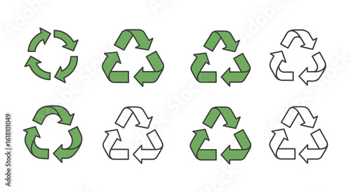 Collection of Recycle Symbols in Green and Outline Styles on White Background