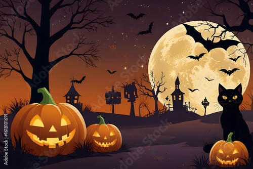 Happy Halloween Day , Cute pumpkin smile spooky scary but cute with bat and black cat party on white background , illustration , sign element
