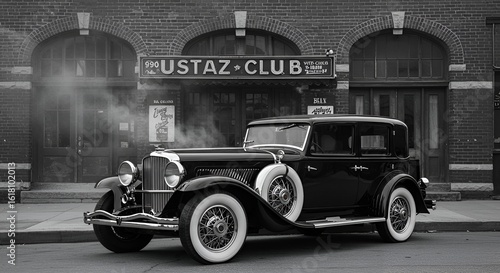 A 1929 Duesenberg Model J Town Car in black, parked outside a vintage jazz club, black and white, roaring twenties