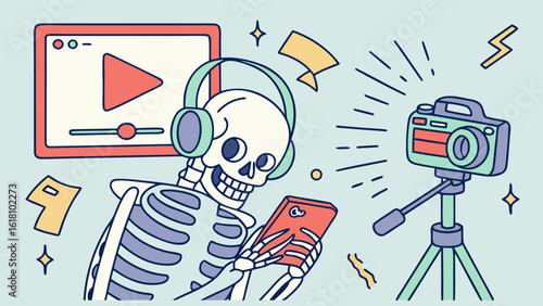 Skeleton with headphones using a phone in front of a camera and a video screen for content creation