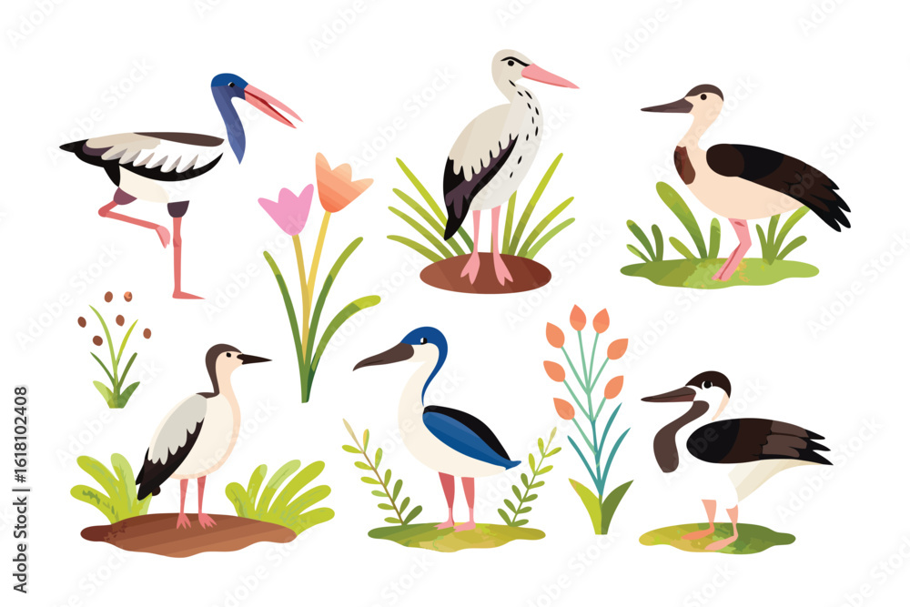 Obraz premium Artistic Bird Ensemble: A charming set of illustrated birds showcasing diverse species amidst vibrant flora, capturing the essence of avian beauty and biodiversity.