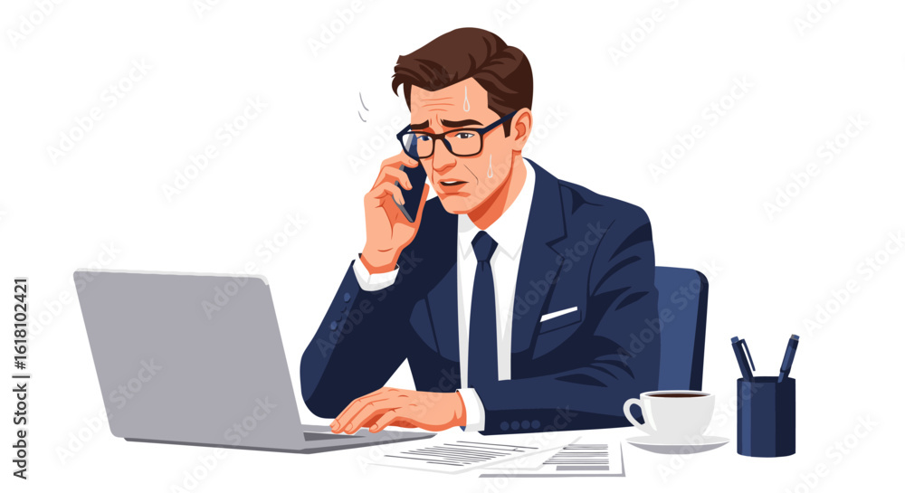 Stressed businessman frantically working on laptop while talking on his mobile phone Stressed businessman frantically working on laptop while talking on his mobile phone