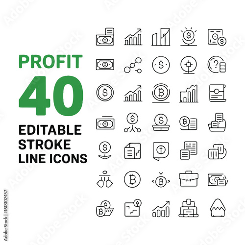 A set of 40 profit line art icons arranged in a 5x8 grid format.