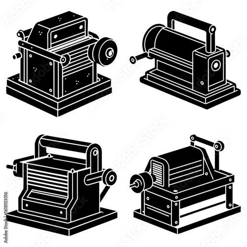 Four industrial machines with handles and wheels in black and white isometric view illustration style
