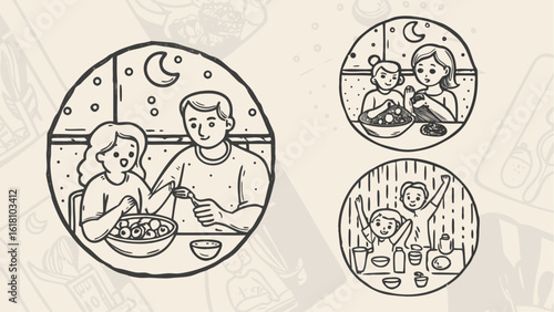 Doodle style illustrations of families eating together in circular frames with moons and stars