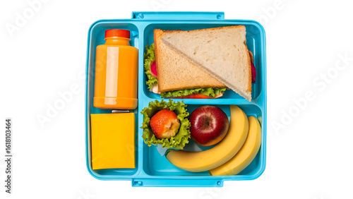 Healthy kids lunch box ideas school lunchbox sandwich fruit juice cheese balanced meal prep containers isolated on transparent background