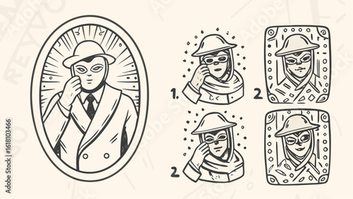 Illustrations of a masked man in a suit and hat with variations in different graphic styles